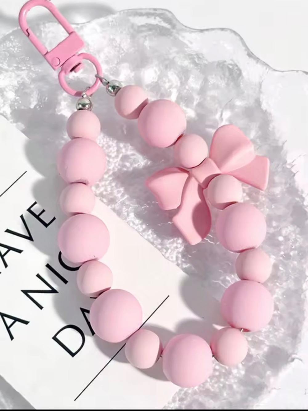 Pink Bow Beaded Wristlet Keychain